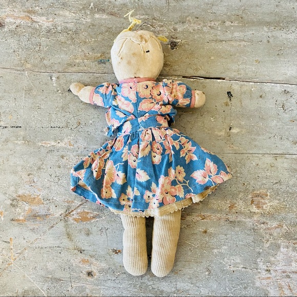 ♥️ Antique ♥️ Old Red Pink - Blue Stitched Face Rag Doll - Picture 4 of 13